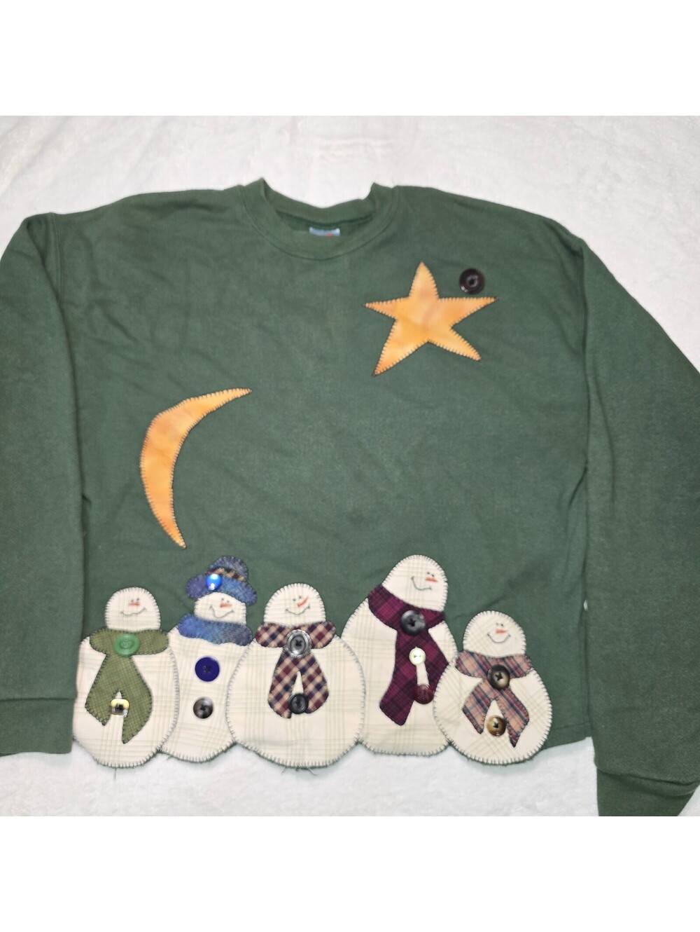 Vintage Handcrafted Applique Snowman Sweatshirt Green Grandmacore Folk Art L/XL